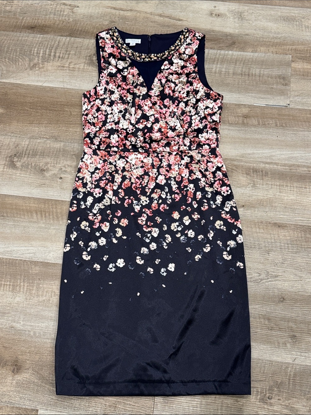 London Times Black Midi Sheath Dress with Pink & Cream Ombré Floral Print